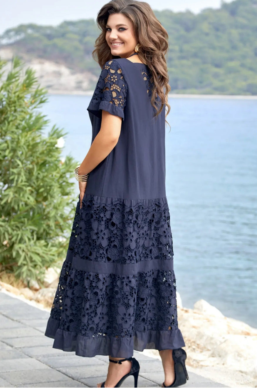 Serène – Navy Blue Lace Maxi Dress