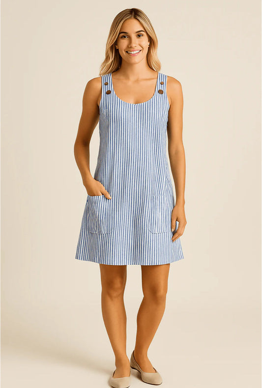 BRIANNA SLEEVELESS COTTON STYLE SUMMER DRESS WITH POCKETS – NAUTICAL STRIPED DESIGN