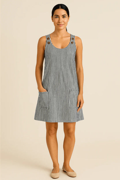 BRIANNA SLEEVELESS COTTON STYLE SUMMER DRESS WITH POCKETS – NAUTICAL STRIPED DESIGN