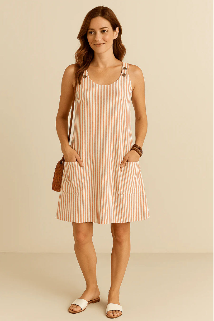 BRIANNA SLEEVELESS COTTON STYLE SUMMER DRESS WITH POCKETS – NAUTICAL STRIPED DESIGN