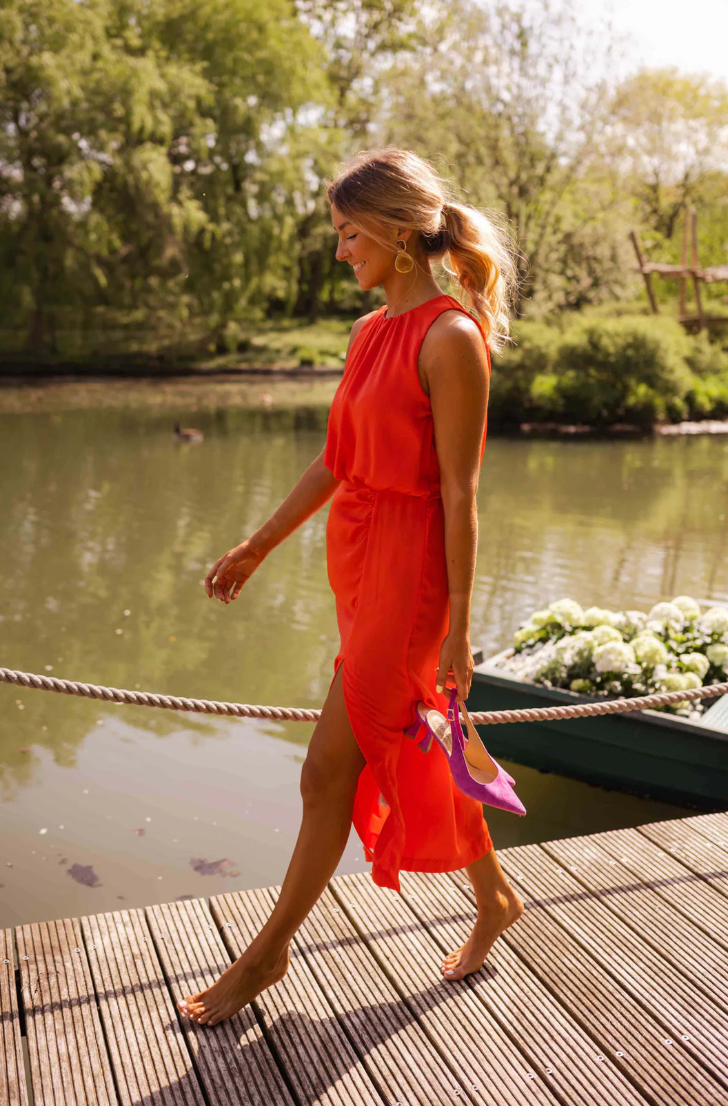 CAMILLE - GATHERED HIGH NECK MIDI DRESS