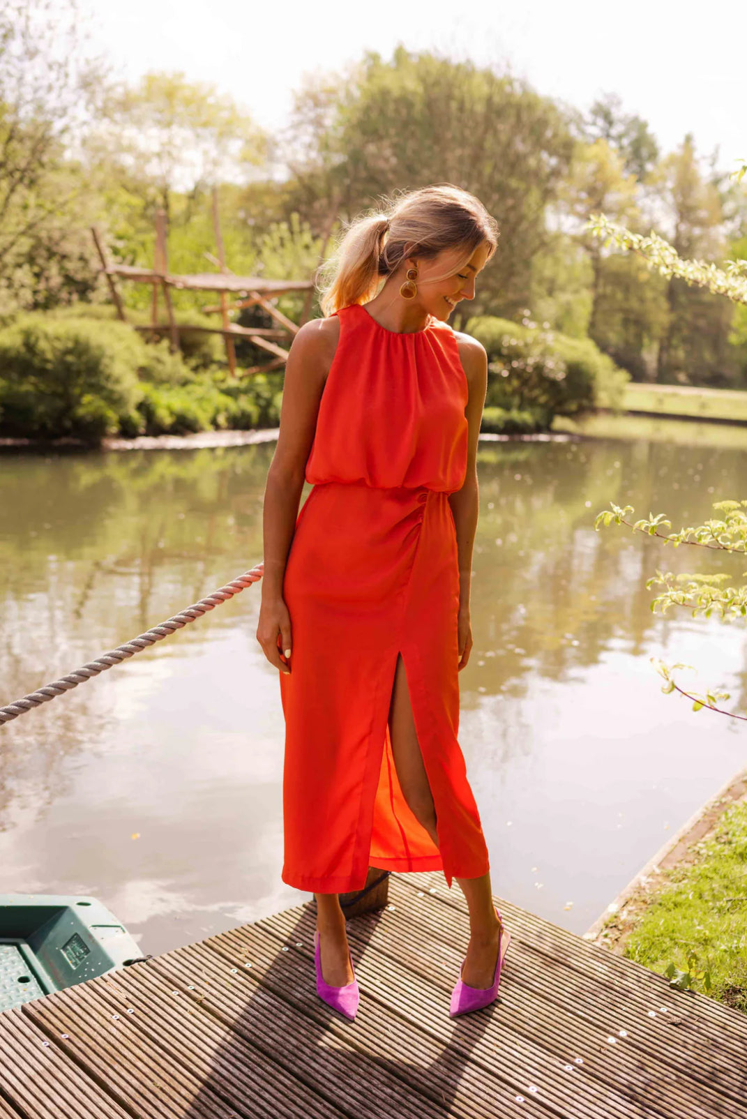 CAMILLE - GATHERED HIGH NECK MIDI DRESS