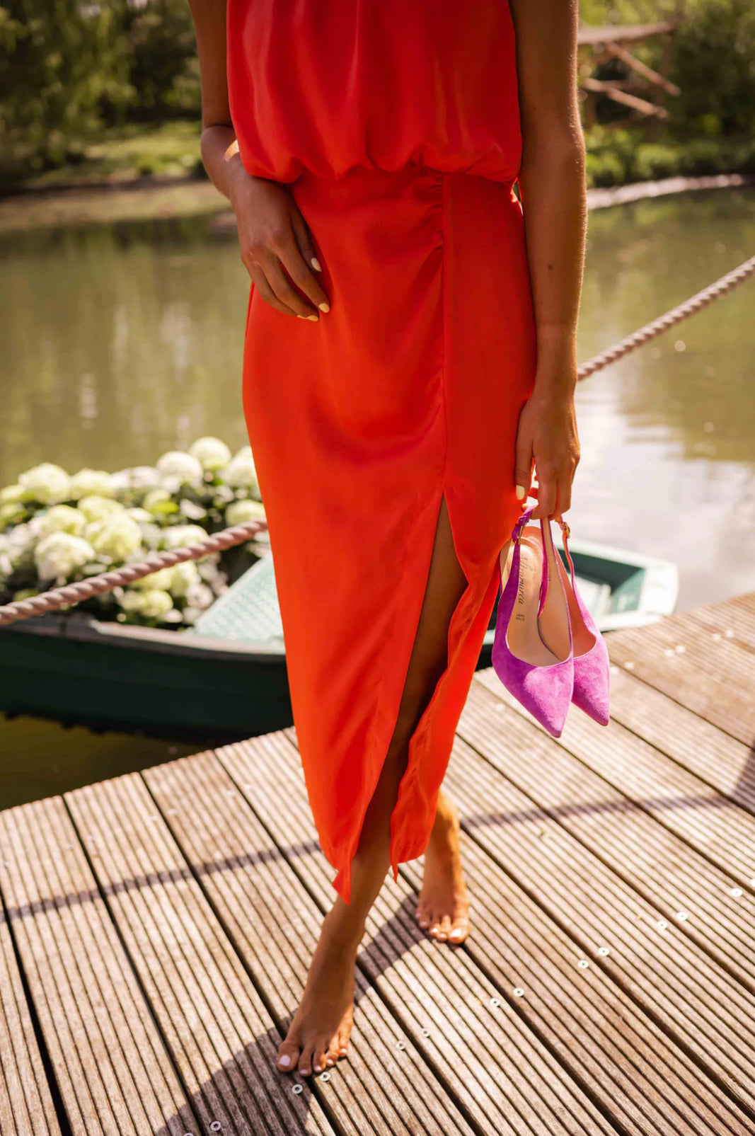 CAMILLE - GATHERED HIGH NECK MIDI DRESS