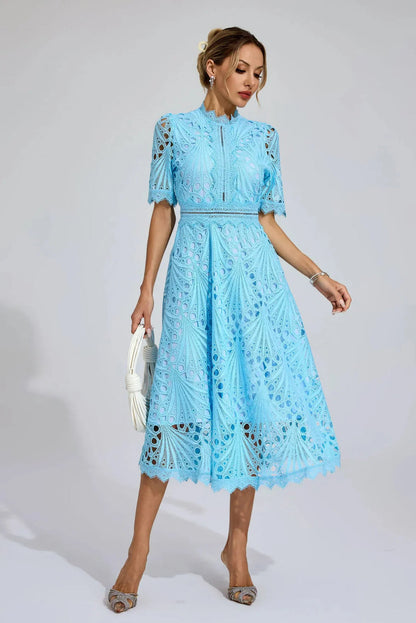 VORELLE - CASUAL FLOWER EMBROIDERY SHORT SLEEVE DRESS
