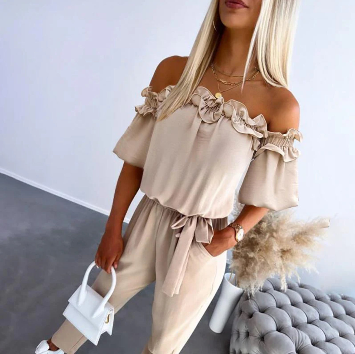 Avanika – Off-Shoulder Frill Tie-Waist Jumpsuit