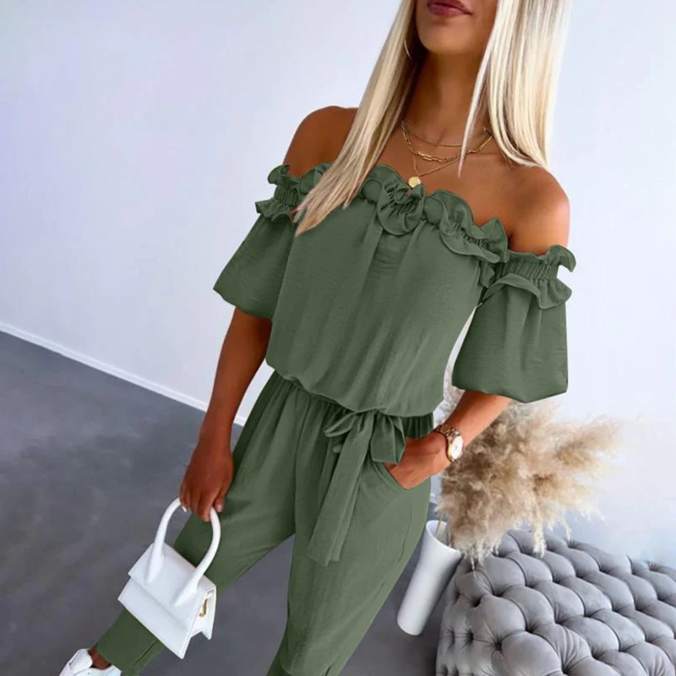 Avanika – Off-Shoulder Frill Tie-Waist Jumpsuit