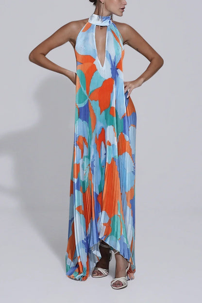 Shalia - Sensual Vestido Largo Plisado con Cuello Halter