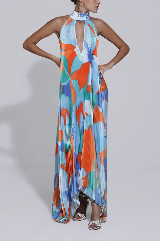 Shalia - Sensual Vestido Largo Plisado con Cuello Halter