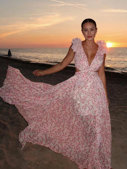 Lexi - Elegante Vestido Largo con Volantes y Espalda Descubierta