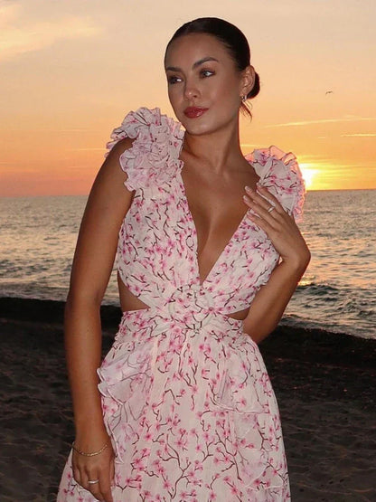 Lexi - Elegante Vestido Largo con Volantes y Espalda Descubierta