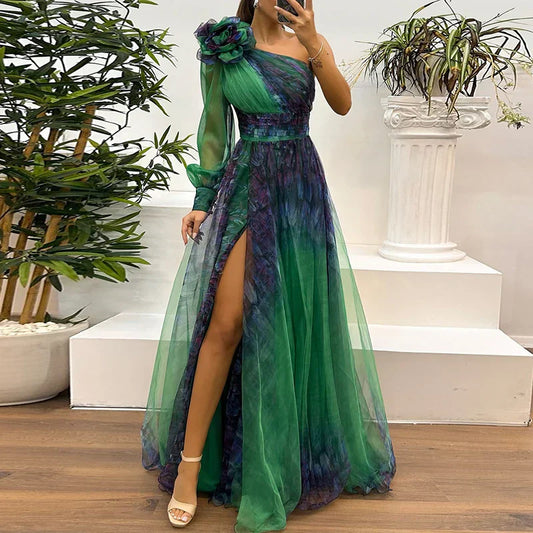 Judith - Vestido Maxi de Malla con Estampado y un Hombro