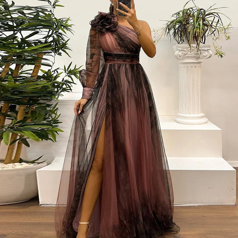 Judith - Vestido Maxi de Malla con Estampado y un Hombro