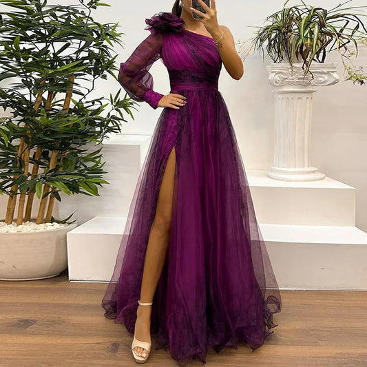 Judith - Vestido Maxi de Malla con Estampado y un Hombro