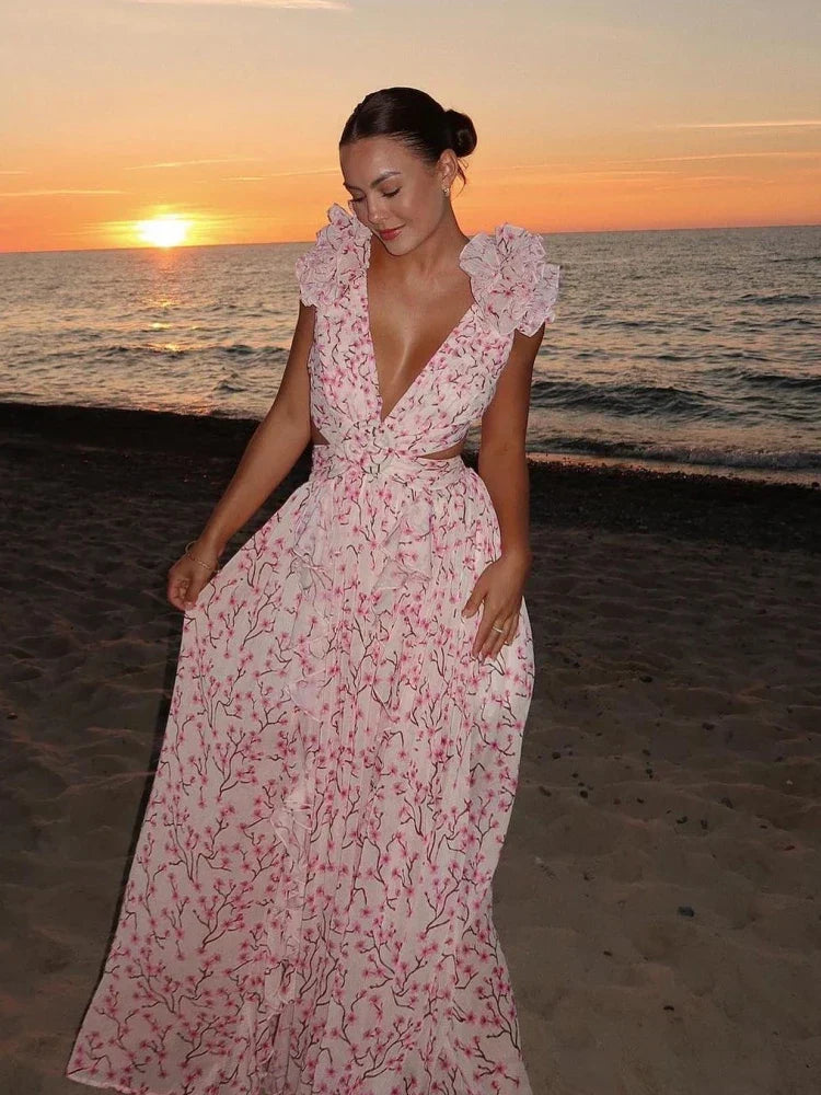 Lexi - Elegante Vestido Largo con Volantes y Espalda Descubierta