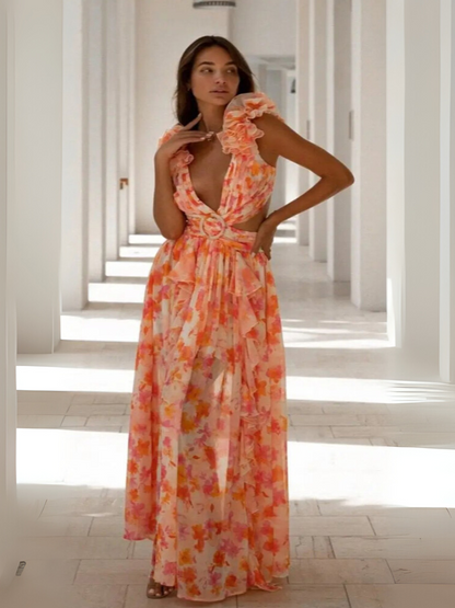 Lexi - Elegante Vestido Largo con Volantes y Espalda Descubierta