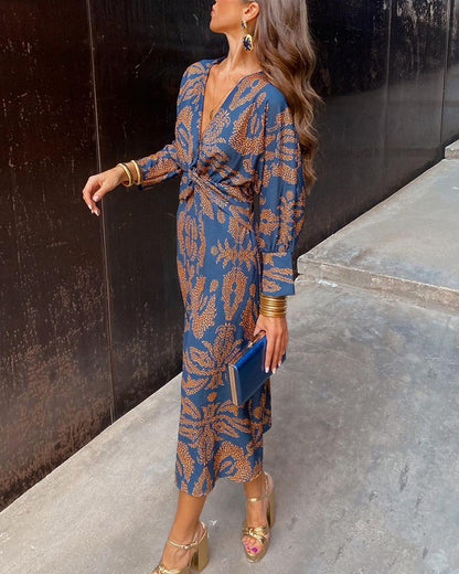 Janella - Vestido Midi Vintage de Manga Larga con Drapeado